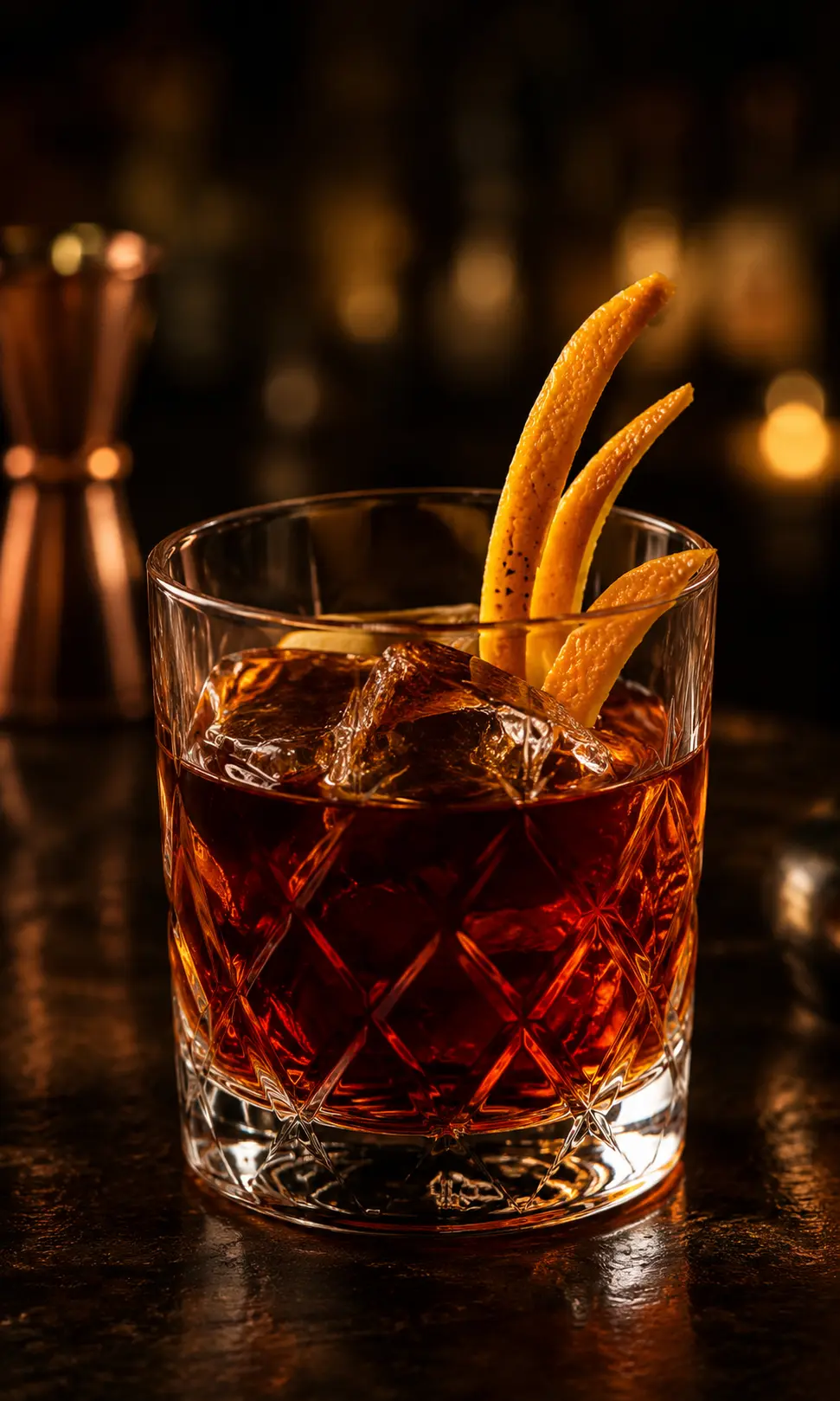 Old fashioned cocktail with citrus twist